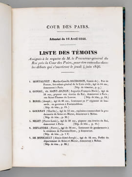 [ Recueil relatif à l'attentat du 16 avril 1846 ] Cour des Pairs. Attentat du 16 avril 1846. Liste des Témoins [Suivi de : ] Cour des Pairs. Attentat ...