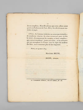 Requête de Mme la Maréchale Brune au Roi [ Edition originale ] "Sire, …Un horrible attentat a été commis sous le règne de Votre Majesté. Un des grands ...