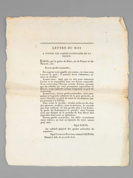 Lettre du Roi à toutes les Gardes Nationales de la France. [ Donné à Ath, le 27 avril 1815 ] Braves gardes nationales, Buonaparte vous appelle aux ...