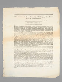 Déclaration du Général en Chef (Wellington) des Armées Alliées au Peuple françois. 26 avril 1815. Dépêche expresse [ Edition originale ] François, c'est de mon quartier général, au milieu d'une armée formidable de soldats aguerris, que j'élève la voix au nom de votre Roi et des ses alliés, pour vous rappeler aux sentimens de la soumission et de la paix [ ... ] François, qu'espérez-vous envous attachant au sort du violateur de tous les traités, d'un homme sans titre et sans pouvoir ? Voulez-vous éterniser la guerre en suivant cette aigle nourrie et toujours altérée de sang ? [ ... ] Dans quelques jours, douze cent mille soldats auront franchi vos frontières et envahi vos campagnes. Je ferai respecter les provinces soumises, mais je serai forcé de sévir contre le peuple rebelle".