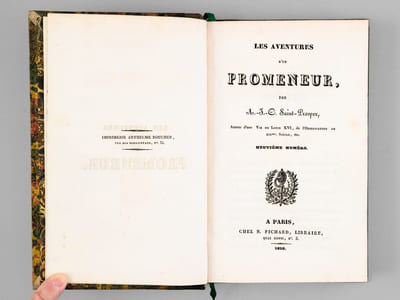 [ Mélanges recueillant 10 brochures : ] Les Aventures d'un Promeneur. Neuvième Numéro  [ Suivi de : ] Des Prisons et particulièrement de celles de la Capitale, par M*** [ Suivi de : ] L'Ombre de Pitt. Ode [ Suivi de : ] Défense du Constitutionnel, prononcée à l'Audience de la Cour Royale du 17 juillet 1827, par M. Dupin Aîné [ Suivi de : ] Cri de Bethléem pour une Indemnité Générale ; et contre le Privilège, le Sacrilège, le Duel, les Paradoxes encyclopédiques, le Philosophisme, avec trois Epitres en vers par M. J. X. Destravault [ Suivi de : ] Missolonghi, Dithyrambe [ Suivi de : ] Cri des Habitans de Paris pour le Rétablissement de la Garde Nationale aux Députés Conventionnels de 1828, par L.-H.-A. Nobys [ Suivi de : ] Une Mission dans la Lune [ Suivi de : ] L'Emigration indemnisée par l'Ancien Régime et depuis la Restauration par Isidore Lebrun [ Suivi de : ] Du Croup des enfans, par P. Vignes, de Castelfranc