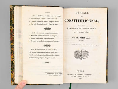 [ Mélanges recueillant 10 brochures : ] Les Aventures d'un Promeneur. Neuvième Numéro  [ Suivi de : ] Des Prisons et particulièrement de celles de la Capitale, par M*** [ Suivi de : ] L'Ombre de Pitt. Ode [ Suivi de : ] Défense du Constitutionnel, prononcée à l'Audience de la Cour Royale du 17 juillet 1827, par M. Dupin Aîné [ Suivi de : ] Cri de Bethléem pour une Indemnité Générale ; et contre le Privilège, le Sacrilège, le Duel, les Paradoxes encyclopédiques, le Philosophisme, avec trois Epitres en vers par M. J. X. Destravault [ Suivi de : ] Missolonghi, Dithyrambe [ Suivi de : ] Cri des Habitans de Paris pour le Rétablissement de la Garde Nationale aux Députés Conventionnels de 1828, par L.-H.-A. Nobys [ Suivi de : ] Une Mission dans la Lune [ Suivi de : ] L'Emigration indemnisée par l'Ancien Régime et depuis la Restauration par Isidore Lebrun [ Suivi de : ] Du Croup des enfans, par P. Vignes, de Castelfranc