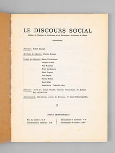 Le discours social ( 2 tomes : Tome 1, août-septembre 1970 et Tome 2) - Cahiers de l'Institut de littérature et de technique artistiques de masse