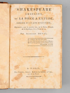 [ Recueil de 7 titres : ] Shakespeare amoureux, ou La pièce à l'étude, Comédie en un Acte et en Prose, représentée, pour la première fois, sur le Théâtre Français de la République, le 11 Nivôse an 12, par Alexandre Duval [ Suivi de : ] Le Roman d'une Heure ou La Folle Gageure. Comédie en un acte et en prose par M. Hoffman [ Suivi de : ] M. Beaufils, ou la Conversation faite d'avance, Comédie en un acte et en prose par M. V. Jouy, Représentée, pour la première fois, à Paris, sur le Théâtre de l'Impératrice, le 14 octobre 1806 [ Suivi de : ] L'Artiste, Comédie-Vaudeville en un acte, par Mrs Eugène Scribe et Perlet ; Représentée, pour la première fois, à Paris, sur le Théâtre du Gymnase dramatique, le 23 novembre 1821 [ Suivi de : ] Charles IX, ou l'Ecole des Rois, Tragédie ; par Marie-Joseph de Chénier [ Suivi de : ] L'Ami des Loix, s.l.n.d., 1 f. blanc, 118 pp. [ Suivi de : ] Les Entretiens de l'Autre Monde sur ce qui se passe dans celui-ci ; ou Dialogues grotesques et pittoresques entre Feu Louis XV, feu le Prince de Conti, feu M. Turgot, feu l’Abbé Terray, feu M. de Clugny, feu le Comte de Muy, feu le comte de St. Germain, feu le Duc de La Vrillière, feu le Comte de Maurepas, et autres personnages illustres (2 Parties - Complet)