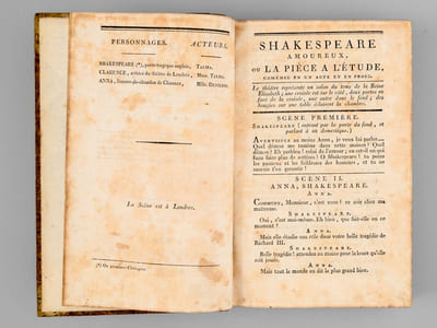 [ Recueil de 7 titres : ] Shakespeare amoureux, ou La pièce à l'étude, Comédie en un Acte et en Prose, représentée, pour la première fois, sur le Théâtre Français de la République, le 11 Nivôse an 12, par Alexandre Duval [ Suivi de : ] Le Roman d'une Heure ou La Folle Gageure. Comédie en un acte et en prose par M. Hoffman [ Suivi de : ] M. Beaufils, ou la Conversation faite d'avance, Comédie en un acte et en prose par M. V. Jouy, Représentée, pour la première fois, à Paris, sur le Théâtre de l'Impératrice, le 14 octobre 1806 [ Suivi de : ] L'Artiste, Comédie-Vaudeville en un acte, par Mrs Eugène Scribe et Perlet ; Représentée, pour la première fois, à Paris, sur le Théâtre du Gymnase dramatique, le 23 novembre 1821 [ Suivi de : ] Charles IX, ou l'Ecole des Rois, Tragédie ; par Marie-Joseph de Chénier [ Suivi de : ] L'Ami des Loix, s.l.n.d., 1 f. blanc, 118 pp. [ Suivi de : ] Les Entretiens de l'Autre Monde sur ce qui se passe dans celui-ci ; ou Dialogues grotesques et pittoresques entre Feu Louis XV, feu le Prince de Conti, feu M. Turgot, feu l’Abbé Terray, feu M. de Clugny, feu le Comte de Muy, feu le comte de St. Germain, feu le Duc de La Vrillière, feu le Comte de Maurepas, et autres personnages illustres (2 Parties - Complet)