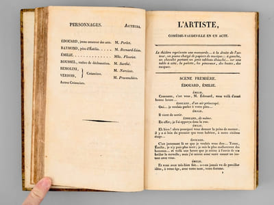 [ Recueil de 7 titres : ] Shakespeare amoureux, ou La pièce à l'étude, Comédie en un Acte et en Prose, représentée, pour la première fois, sur le Théâtre Français de la République, le 11 Nivôse an 12, par Alexandre Duval [ Suivi de : ] Le Roman d'une Heure ou La Folle Gageure. Comédie en un acte et en prose par M. Hoffman [ Suivi de : ] M. Beaufils, ou la Conversation faite d'avance, Comédie en un acte et en prose par M. V. Jouy, Représentée, pour la première fois, à Paris, sur le Théâtre de l'Impératrice, le 14 octobre 1806 [ Suivi de : ] L'Artiste, Comédie-Vaudeville en un acte, par Mrs Eugène Scribe et Perlet ; Représentée, pour la première fois, à Paris, sur le Théâtre du Gymnase dramatique, le 23 novembre 1821 [ Suivi de : ] Charles IX, ou l'Ecole des Rois, Tragédie ; par Marie-Joseph de Chénier [ Suivi de : ] L'Ami des Loix, s.l.n.d., 1 f. blanc, 118 pp. [ Suivi de : ] Les Entretiens de l'Autre Monde sur ce qui se passe dans celui-ci ; ou Dialogues grotesques et pittoresques entre Feu Louis XV, feu le Prince de Conti, feu M. Turgot, feu l’Abbé Terray, feu M. de Clugny, feu le Comte de Muy, feu le comte de St. Germain, feu le Duc de La Vrillière, feu le Comte de Maurepas, et autres personnages illustres (2 Parties - Complet)