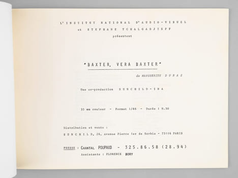 [ Dossier de presse original avec un texte inédit de Marguerite Duras : ] Baxter, Vera Baxter [ Edition originale ] L'Institut National d'Audio-Visuel ...