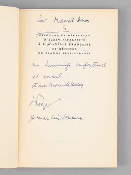 Discours de Réception d'Alain Peyrefitte à l'Académie Française et réponse de Claude Lévi-Strauss [ Edition originale - Livre dédicacé par les auteurs ...