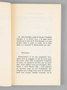 Discours de Réception d'Alain Peyrefitte à l'Académie Française et réponse de Claude Lévi-Strauss [ Edition originale - Livre dédicacé par les auteurs ...