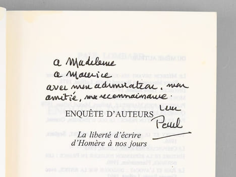Enquête d'auteurs. La liberté d'écrire, d'Homère à nos jours [ Livre signé par l'auteur - Envoi à Maurice Druon ]. LOMBARD, Paul (1927-2017)
