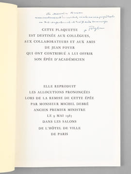 L'Epée d'Académicien de Jean Foyer - 9 mai 1985 [ Livre dédicacé par Jean Foyer à Maurice Druon ]. FOYER, Jean ; Collectif