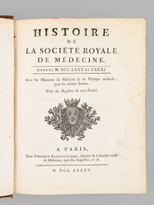 Histoire de la Société Royale de Médecine. Années M.DCC.LXXX et LXXXI. Avec les Mémoires de Médecine & de Physique médicale, pour les mêmes Années. Tirés des Registres de cette Société [ Années 1780 et 1781 ] [ Contient notamment : ]  "Observations météorologiques" pour les années 170 & 1781 (R. P. Cotte) ; "Sur les différentes manières d'administrer l'électricité, & Observations sur les effets que ces divers moyens ont produits" (Mauduyt de La Varenne) ;  "Réflexions sur les effets de l'éther vitriolique & de l'éther nitreux dans l'économie animale" (Lavoisier)