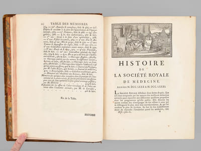Histoire de la Société Royale de Médecine. Années M.DCC.LXXX et LXXXI. Avec les Mémoires de Médecine & de Physique médicale, pour les mêmes Années. Tirés des Registres de cette Société [ Années 1780 et 1781 ] [ Contient notamment : ]  "Observations météorologiques" pour les années 170 & 1781 (R. P. Cotte) ; "Sur les différentes manières d'administrer l'électricité, & Observations sur les effets que ces divers moyens ont produits" (Mauduyt de La Varenne) ;  "Réflexions sur les effets de l'éther vitriolique & de l'éther nitreux dans l'économie animale" (Lavoisier)