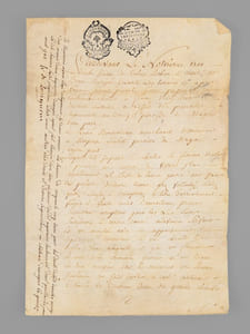 [ Document sur Vélin : Acte d'arrentement daté de 1780, relatif à la commune de Magné, près de Niort, signé par H. de Luzignem ] Par devant le Notaire au Duché Pairie de Rohan-Rohan et Comté de Benon soussigné présents les témoins ci-après nommés furent présents Pierre Papinot journalier et Catherine Chollet sa femme de luy bien et deuement autorisée à l'effet des présentes demeurants au Bourg et paroisse de Magné d'une part, Et René Bourolleau marchand demeurant à Monpense susdite paroisse de Magné d'autre part, Lesquels dits Papinot et Chollet sa femme voulant se procurer les moyens de payer plus commodément le reste de leurs jours ont par ces présentes de leurs bons gré vollonté cédé quitté délaissé et transporté à titre d'arrentement viager et vente audit Bourolleau présent stipulant et acceptant pour luy les siens successeurs et ayants cause à l'avenir savoir : Est une maison avec ses appartenances et dépendances consistant en une chambre basse à feu dans laquelle il y a un four à coté de la cheminée, grenier au-dessus le tout en très mauvais état et menaçant une ruine prochaine, un petit jardin à coté contenant à semer un boisseau demi de graine chenevis [etc... ] [ Avec apostille en marge gauche] : Je reconnais avoir reçu de l'acquéreur cy dessus nommé la somme de cinquante cinq livres pour les droits de lods et ventes... fait remise d'un tiers en faveur dudit acquéreur seulement et l'ont quittancé... au château de Mauzé le quinze aoust 1782. Signé : H. de Luzignem