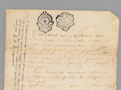 [ Document sur Vélin : Acte d'arrentement daté de 1780, relatif à la commune de Magné, près de Niort, signé par H. de Luzignem ] Par devant le Notaire ...