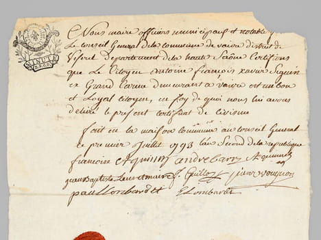 [ Certificat de civisme pour la commune de Vaivre, District de Vesoul, Haute-Saône, daté du premier juillet 1793 : ] "Nous maire officiers municipaux ...