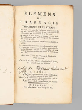 Éléments de Pharmacie théorique et pratique, Contenant toutes les Opérations fondamentales de cet Art [ Edition originale ] Avec leur définition, & ...
