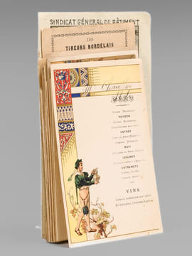 Lot de 30 menus anciens, dont nombreux menus à Bordeaux et région bordelaise dont : Dîners offerts par ou en l'honneur d'Honoré Picon, Propriétaire à ...