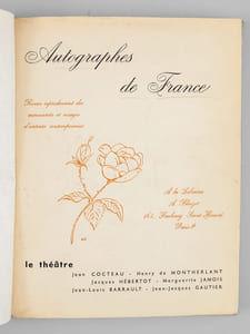 Autographes de France (5 Numéros - Complet). Le Théâtre : Jean Cocteau - Henry de Monthermant - Jacques Hébertot - Marguerite Jamois - Jean-Louis Barrault - Jean-Jacques Gautier ; Ecrivains : André Siegfried - Georges Duhamel - Louise de Vilmorin - Paul Morand - André Soubiran - Gilbert Cesbron - Michel de Saint-Pierre ; Dessinateurs et graveurs : Paul Jouve - Albert Decaris - André Dunoyer de Ségonzac - André E. Marty - Marcel Vertès - Henri Camus ; Ecrivains : Général Weygand - Henri Mondor - Daniel Halvéy - Henri Pourrat - Jean Paulhan - André Malraux - Jean-Marc Montguerre ; Un dernier mot