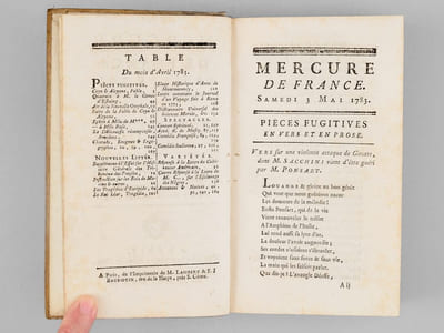 Mercure de France dédié au Roi [ Mois de Mai 1783 : numéros 18, 19, 20, 21, 22 ] contenant Le Journal Politique des principaux événemens de toutes les Cours ; les Pièces fugitives nouvelles en vers & en prose ; l'Annonce & l'Analyse des Ouvrages nouveaux ; les Inventions & Découvertes dans les Sciences & les Arts ; les Spectacles, les Causes célèbres ; les Académies de Paris & des Provinces ; la Notice des Édits, Arrêts ; les Avis particuliers, &c. &c. 