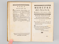 Mercure de France dédié au Roi [ Mois de Septembre 1785 : numéros 36, 37, 38, 39 ] contenant Le Journal Politique des principaux événemens de toutes les Cours ; les Pièces fugitives nouvelles en vers & en prose ; l'Annonce & l'Analyse des Ouvrages nouveaux ; les Inventions & Découvertes dans les Sciences & les Arts ; les Spectacles, les Causes célèbres ; les Académies de Paris & des Provinces ; la Notice des Édits, Arrêts ; les Avis particuliers, &c. &c. 