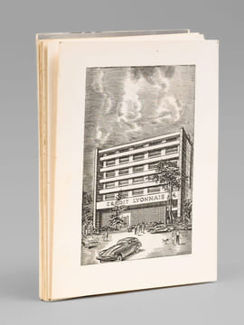 [ Lot de 9 cartes de Voeux gravées par Albert Decaris : ] Agence du Crédit Agricole de Saint-Tropez - Le Palais du Commerce à Lyon en 1863 - Façade du ...