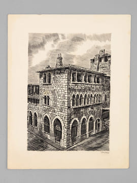 [ Lot de 9 cartes de Voeux gravées par Albert Decaris : ] Agence du Crédit Agricole de Saint-Tropez - Le Palais du Commerce à Lyon en 1863 - Façade du ...
