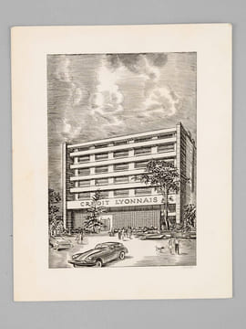 [ Lot de 9 cartes de Voeux gravées par Albert Decaris : ] Agence du Crédit Agricole de Saint-Tropez - Le Palais du Commerce à Lyon en 1863 - Façade du ...