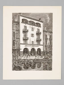[ Lot de 9 cartes de Voeux gravées par Albert Decaris : ] Agence du Crédit Agricole de Saint-Tropez - Le Palais du Commerce à Lyon en 1863 - Façade du Crédit Lyonnais à Brignoles - Hôtel de la Couronne à Lyon - Façade du Crédit Lyonnais à Figeac - Façade du Crédit Lyonnais à Amiens - Façade du Crédit Lyonnais à Aix-en-Provence - Façade du Crédit Lyonnais à Verneuil-sur-Avre - Agence du Crédit Lyonnais à Abidjan