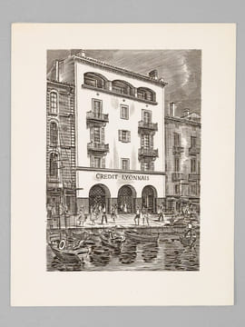 [ Lot de 9 cartes de Voeux gravées par Albert Decaris : ] Agence du Crédit Agricole de Saint-Tropez - Le Palais du Commerce à Lyon en 1863 - Façade du ...