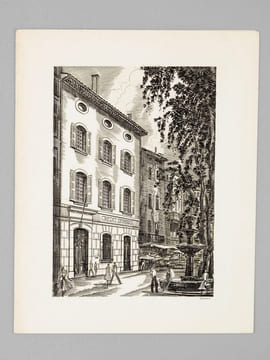 [ Lot de 9 cartes de Voeux gravées par Albert Decaris : ] Agence du Crédit Agricole de Saint-Tropez - Le Palais du Commerce à Lyon en 1863 - Façade du ...