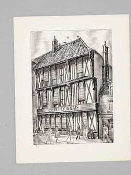 [ Lot de 9 cartes de Voeux gravées par Albert Decaris : ] Agence du Crédit Agricole de Saint-Tropez - Le Palais du Commerce à Lyon en 1863 - Façade du ...