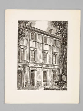 [ Lot de 9 cartes de Voeux gravées par Albert Decaris : ] Agence du Crédit Agricole de Saint-Tropez - Le Palais du Commerce à Lyon en 1863 - Façade du ...