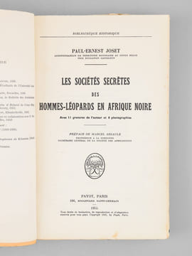 Les Sociétés secrètes des hommes-léopards en Afrique noire.. JOSET, Paul-Ernest ; (GRIAULE, Marcel)