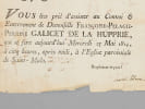 [ Billet mortuaire malouin imprim&eacute; avec gravure sur bois repr&eacute;sentant un cr&acirc;ne et des tibias entrecrois&eacute;s : ] Mlle Duclos [Imprim&eacute; :] Vous &ecirc;tes pri&eacute; ...