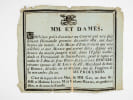 [ Placard mortuaire rennais imprim&eacute; avec vignette macabre grav&eacute;e sur bois avec cr&acirc;ne et tibias entrecrois&eacute; et devise "Hodie mihi, cras tibi" : ] MM. ...