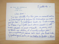 Lettre autographe signée datée du 8 juillet 1954 [ adressée à l'écrivain et érudit bordelais Armand Got ] : "Pour l'Arc en Fleurs, je doute que nous trouvions quelque chose de valable sur le Monument aux Morts. Ce n'est même pas souhaitable, à mon avis, car la glorification des morts de la guerre perpétue la glorification de la guerre. Sur la montagne, la mer, le torrent, l'orage, on peut trouver. ..."