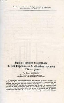 ACTION DU PHOSPHATE MONOPOTASSIQUE ET DE LA TEMPERATURE SUR LE METABOLISME RESPIRATOIRE D'EISENIA FOETIDA. AMOURICQ LOUIS