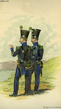Lithographie en couleurs, d'après une aquarelle, d'un Sergent et d'un Carabinier de 1820. Extrait de L'Uniforme des Carabiniers Vaudois, à travers les ...