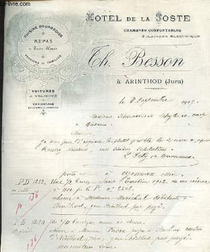 1 LETTE ANCIENNE ILLUSTREE DE L'HOTEL DE LA POSTE CH. BESSON A ARINTHOD (JURA). HOTEL DE LA POSTE CH. BESSON