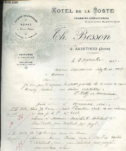1 LETTE ANCIENNE ILLUSTREE DE L'HOTEL DE LA POSTE CH. BESSON A ARINTHOD (JURA)
