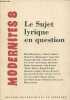 Le Sujet lyrique en question - Collection modernités n°8.. D.Rabaté & J.de Sermet & Y.Vadé.