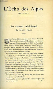 L'ECHO DES ALPES - PUBLICATION DES SECTIONS ROMANDES DU CLUB ALPIN SUISSE N°7 - AU VERSANT MERIDIONAL DU MONT ROSE PAR J. GALLET, DOUZE JOURS DANS LA HAUTE MONTAGNE PAR N. ASTIER, DEUX VIEUX GUIDES PAR CHARLES GOS, LE SAPIN PAR GEORGES DELOZE