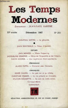 LES TEMPS MODERNES N° 259 - JEAN-PAUL SARTRE. — Le génocide.JEAN GOYTISOLO. — Pièces d’identité.EXPOSÉSJEAN MONOD. — Watts Happening.JACQUELINE ...