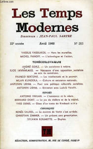 LES TEMPS MODERNES N° 263 - VASSILIS VASSILIKOS. — Hors les muraillesMICHEL PANOFF. — L’ethnologue et l’action..TCHÉCOSLOVAQUIEANDRÉ GORZ. — Un socialisme à refaire..ILIOS IANNAKAKIS. — Naissance d’une opposition socialiste