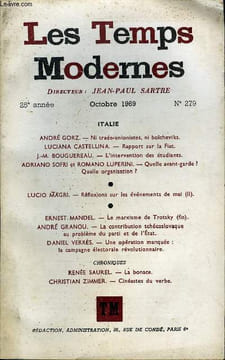 LES TEMPS MODERNES N° 279 - ITALIEANDRÉ GORZ. — Ni trade-u nionistes, ni bolcheviks.LUCIANA CASTELLINA. — Rapport sur la Fiatj.-M. BOUGUEREAU. — ...