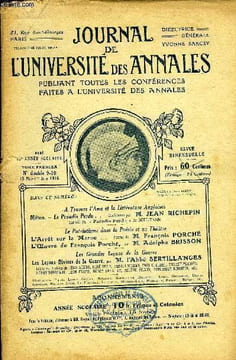 JOURNAL DE L'UNIVERSITE DES ANNALES 10e ANNEE SCOLAIRE N°9-10 - A Travers l’Ame et la Littérature Anglaises Milton. — Le Paradis Perdu . . Conférence ...