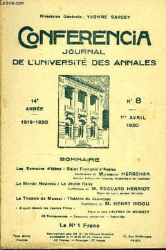CONFERENCIA 14e ANNEE N°8 - Le Semeur« d'idées : Saint François d’Assise Conférence de Monseigneur HERSCHER Ancien Ervéqua de Langras, Archevêque de ...