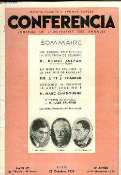 CONFERENCIA 30e ANNEE N°21 - LES FORCES SPIRITUELLES LA SITUATION DE L’EUROPE par M. HENRI JASPAR, Ministre d’Etat de Belgique, AU TEMPS DU ROI HENRI ...