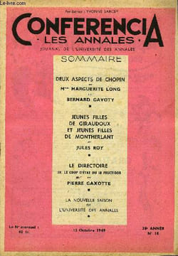 CONFERENCIA 38e ANNEE N°10 - DEUX ASPECTS DE CHOPIN par Mme MARGUERITE LONG, ET BERNARD GAVOTY, JEUNES FILLES DE GIRAUDOUX ET JEUNES FILLES DE ...